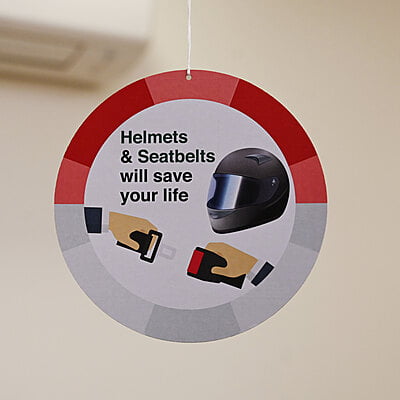 Helmets & Seatbelts Will Save Your Life Dangler (Red)